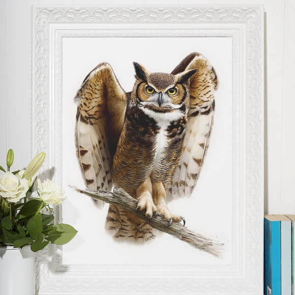 Watercolor Great Horned Owl Portrait Wall Art Print, Unframed - Woodland - Picture 6 of 6